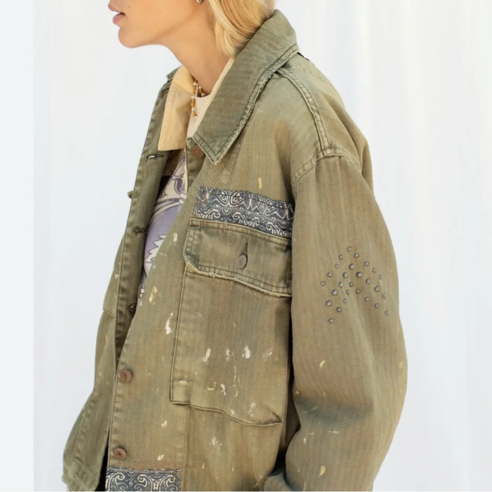 Free People We The Free Selene Studded Military Jacket in Olive Green - Picture 2 of 10